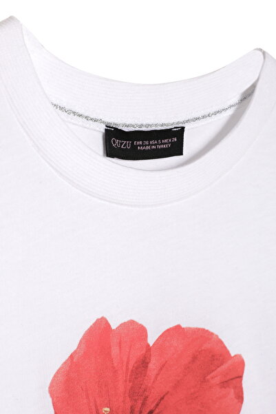 Quzu Colorful Hibiscus Floral Crop T-Shirt White