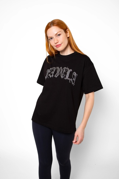 Sekizbiraltı Favela Stone Printed Relaxed Fit Black Women's Tshirt