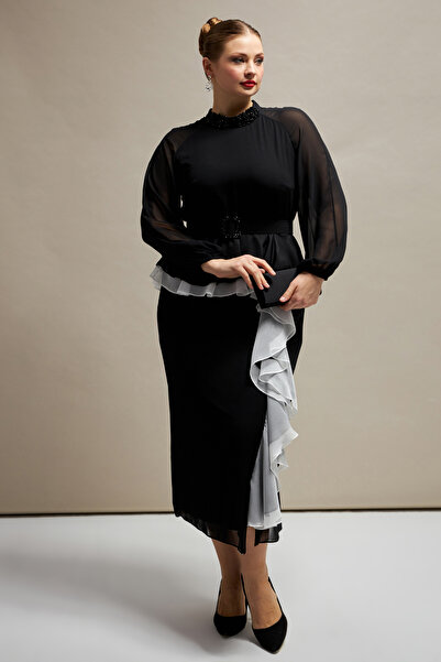 İnce işleme ve Fırfır detaylı Midi boy Abiye Şifon Elbise