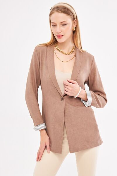 armonika Light Brown Single Button Striped Women's Jacket - ARM-22K001122