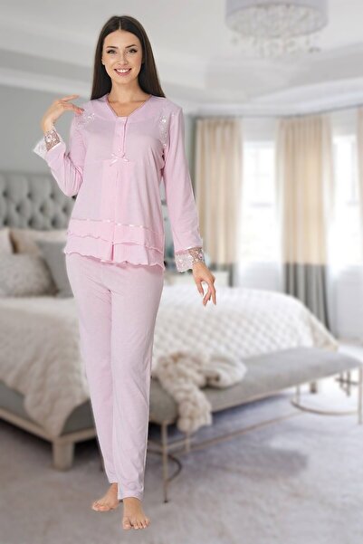 Pelin Kadın Pudra Dantelli Emzirme Özellikli Lohusa Hamile Pijama Takımı