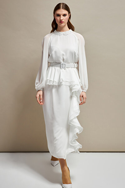 İnce işleme ve Fırfır detaylı Midi boy Abiye Şifon Elbise