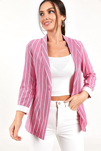 armonika Kadın Pembe Çizgili Kolu Katlamalı Tek DÜğmeli Ceket ARM-22Y001032