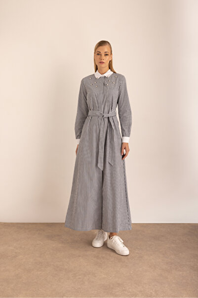 Aker Lacivert Çizgili Cotton Işleme Detaylı Elbise