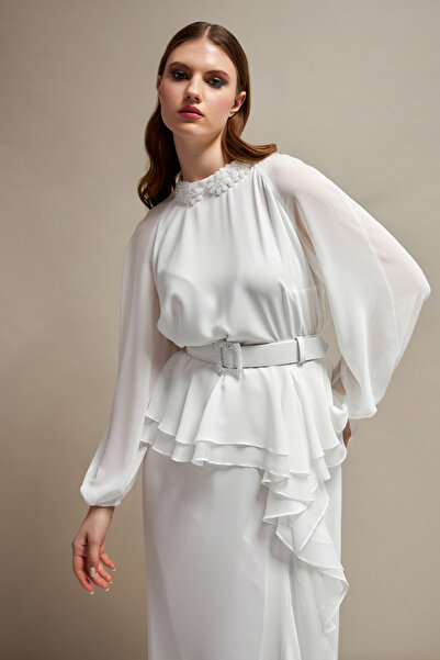 İnce işleme ve Fırfır detaylı Midi boy Abiye Şifon Elbise