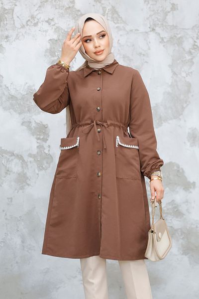 Neva Style Buttoned Brown Hijab Cap 91781Kh