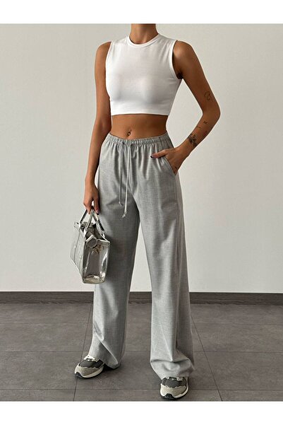 owwon Women's Gray Elastic Waist Palazzo Pants