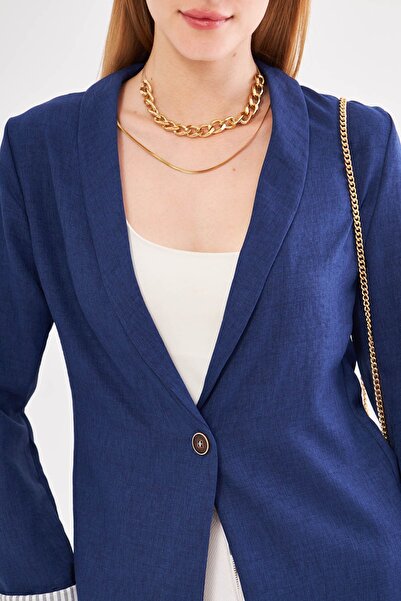 armonika Women's Navy Blue Inside Sleeve Striped Single Button Jacket ARM-22K001122