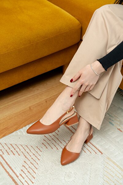 DİVOLYA Aura Brown Side Buckle (4 cm Heel Height) Pointed Toe Heeled Ballerina Shoes