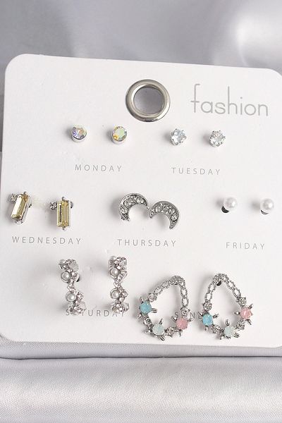 Skygo 7 Pairs Women's Earring Set with Zircon Stone - Crescent Detail Brass Silver Color Drop Model