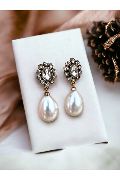 FAYRA ACCESSORIES Oval Kristal Taşlı İnci Küpe