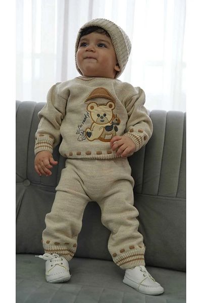 gogo bici Teddy Bear Embroidered Sweater Beret Trousers 3 Piece Knitwear Set