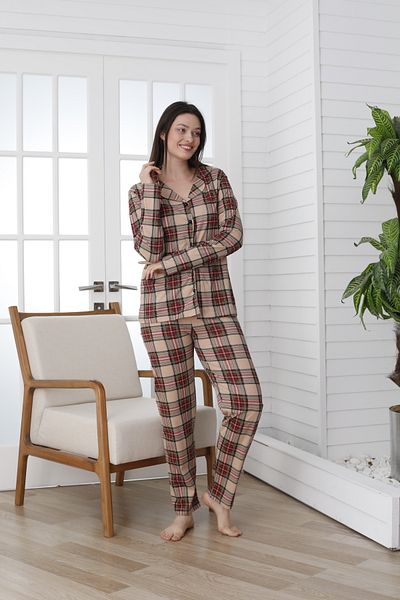 VG BOND MODA Print Long Sleeve Single Jersey Women's Pajamas Set - Front Buttoned Vg137