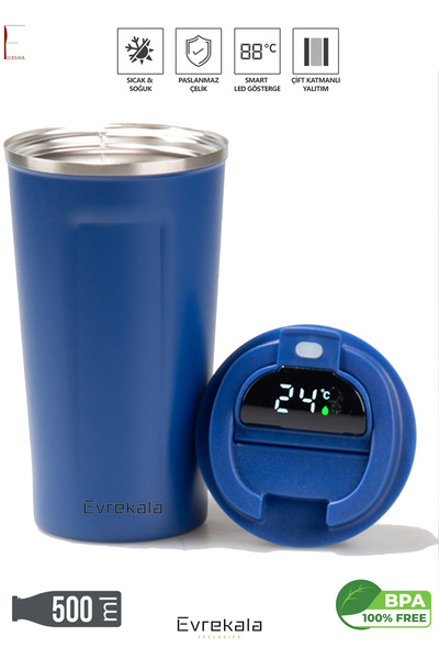 Evrekala 500 ml Termos Dijital Isı Göstergeli Sıcak-Soğuk Paslanmaz Çelik Evrekala Dijital Termos