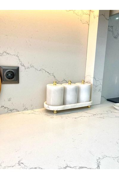 Sümeyra Marble Art وعاء بهارات من الرخام الأبيض - 4 قطع - تفاصيل ذهبية