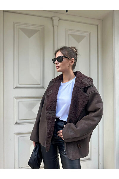 La Querta Else Bitter Brown Textured Suede Plush Inside Oversize Zr Model Coat