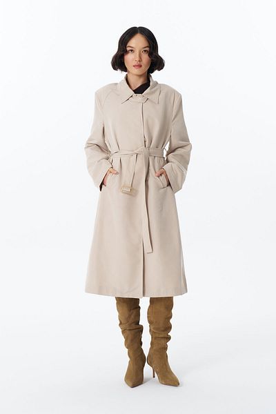 Quzu Beige Long Trench Coat - Belt Detailed