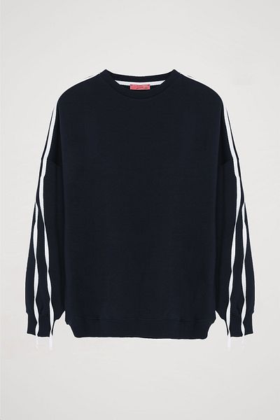 Quzu Navy Blue Sweatshirt - Stripe Detailed Sleeves