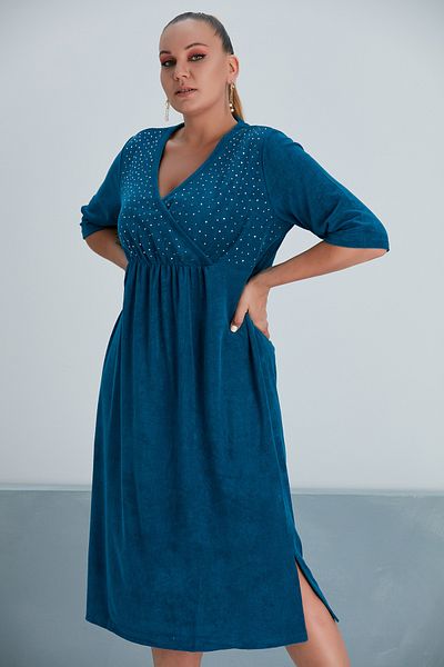 MAMAYAGA Women's Double Breasted Lapel Stone Detailed Long Plus Size Curve Home Beach Towel Dress