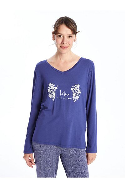LC Waikiki V-Neck Printed Long Sleeve Women's Pajama Set (W4)