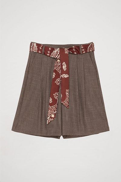 Quzu Brown Patterned Shorts - Belt and Gray