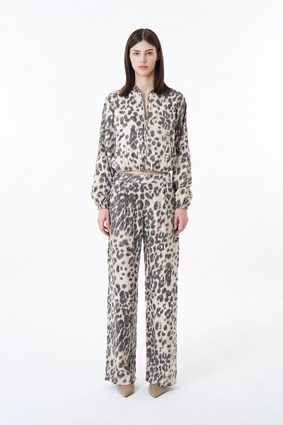 Quzu Stone Colored Leopard Print Wide Leg Trousers