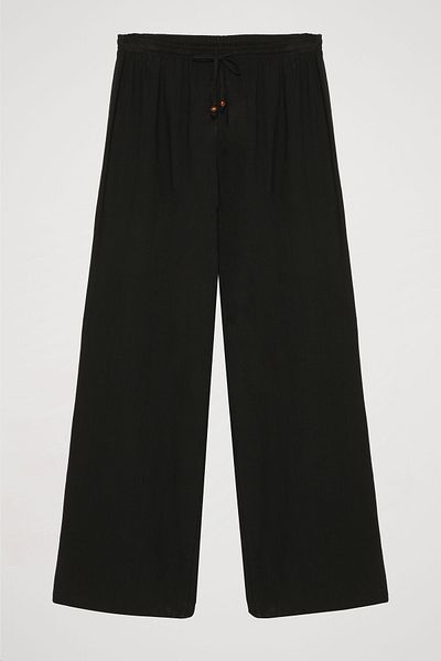 Quzu Lace Detailed Elastic Waist Loose Trousers Black