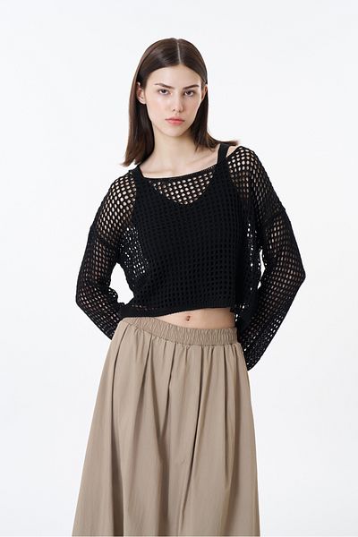 Quzu Black Openwork Double Knitwear