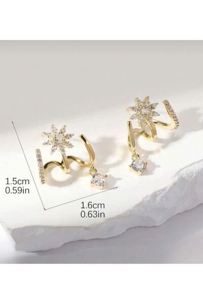 AychaAksesuar Çelik tek delik çoklu görünüm 3'lü görünen küpe çiçek detaylı sarkıt taşlı küpe