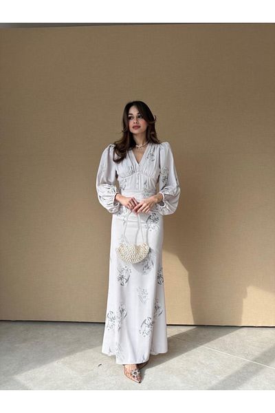 popibutik Women's V Neck Waist Sitting Digital Printed Maxi Length Satin Dress