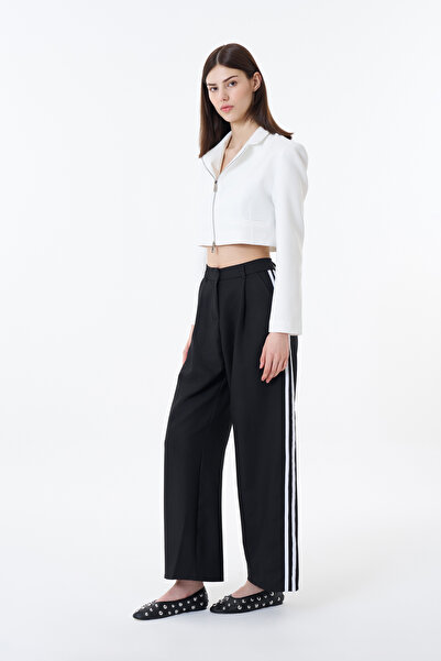 Quzu Yanları Çift Şeritli Yüksek Bel Pantolon Siyah