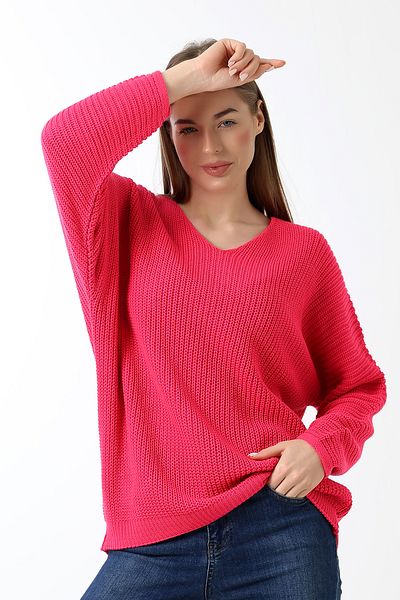 Devinka Women's Pink Oversize Casual V-Neck Knitwear Sweater