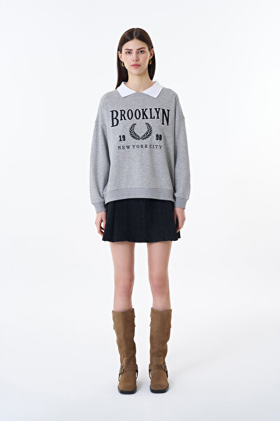 Quzu Gray Baby Collar Embroidered Sweatshirt