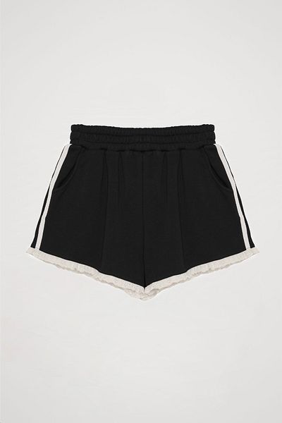 Quzu Striped Mini Shorts with Embroidery Detail Navy Blue