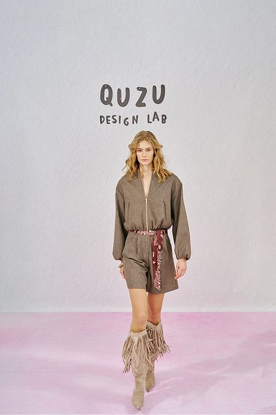 Quzu Brown Patterned Shorts - Belt and Gray