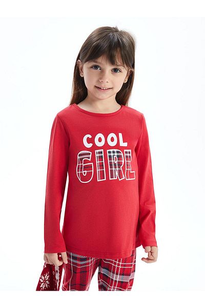 LC Waikiki Set de pijamale pentru fetiță cu tematică de Anul Nou cu mânecă lungă cu gâtul rotund (W4)