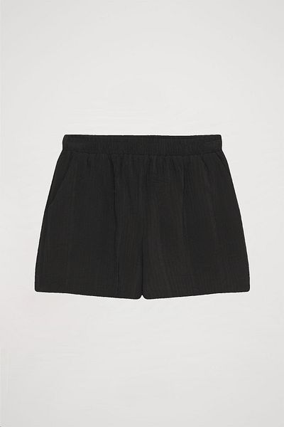 Quzu Black Textured Mini Shorts - Elastic Waist