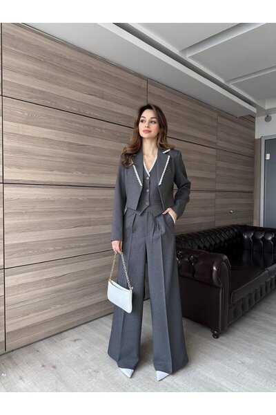 Rabia Çelik Kadın Füme Dantel Detaylı Yüksek Bel Pantolon Yelek Blazer Ceket 3Lü Takım Elbise