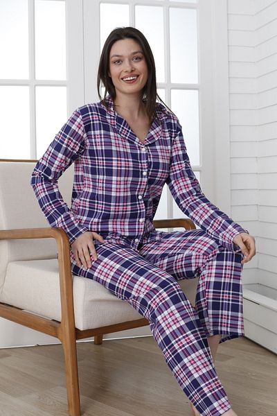 VG BOND MODA Buttoned Front Patterned Long Sleeve Single Jersey Women's Pajamas Set Vg137