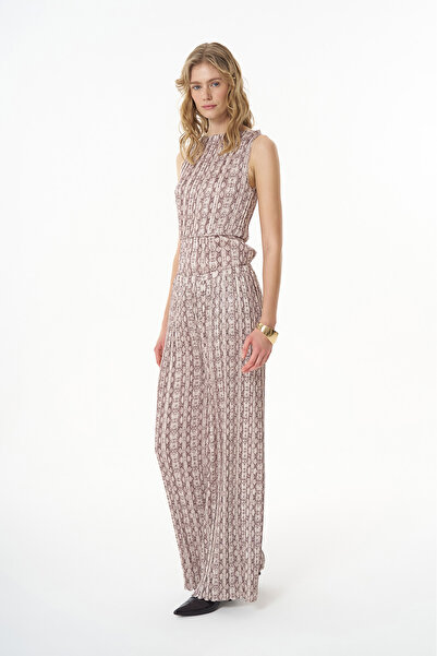 Quzu High Waist Beige Trousers - Pleated and Patterned