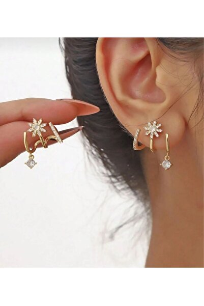 AychaAksesuar Çelik tek delik çoklu görünüm 3'lü görünen küpe çiçek detaylı sarkıt taşlı küpe