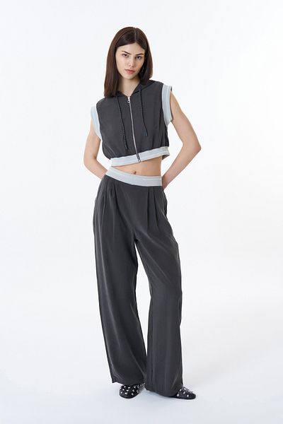 Quzu Anthracite Palazzo Trousers - Ribbed Waist