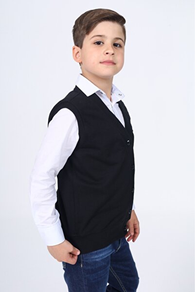 Toontoy Boy's V-Neck Buttoned Peto Knitted Vest with Pocket Detail