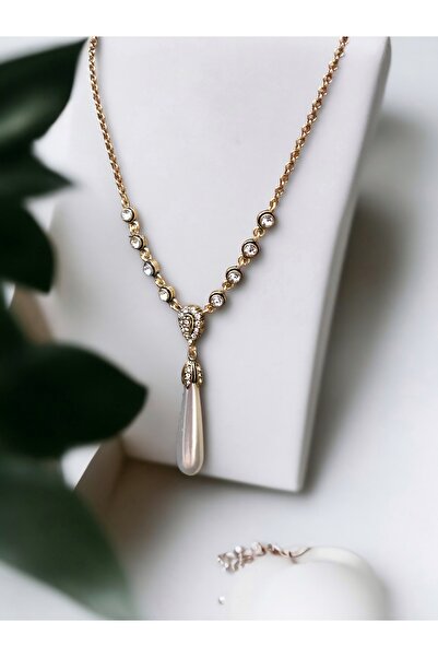 FAYRA ACCESSORIES Zirkon Taşlı Su Yolu Zincirli Uzun Su Damlası İnci Kolye