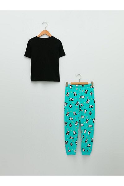LC Waikiki Set pijamale pentru fete cu mâneci scurte imprimate cu decolteu rotund (S2)