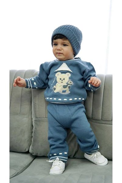 gogo bici Teddy Bear Embroidered Sweater Beret Trousers 3 Piece Knitwear Set Shoes Not Included