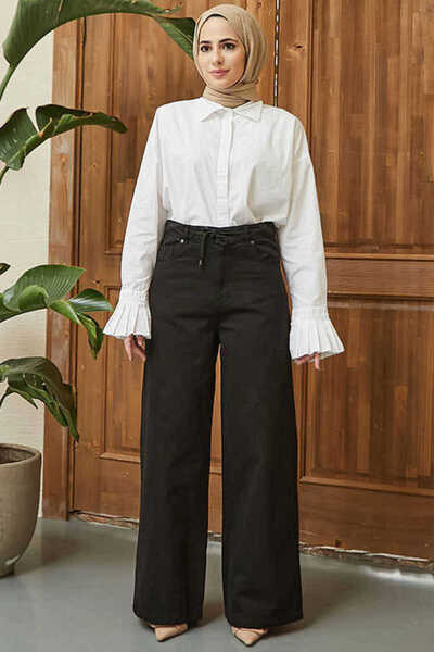 Neways 1123-Bağcıklı Bol Paça Pfd Pantolon Siyah