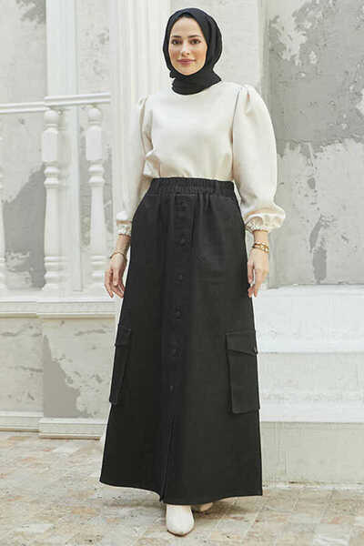 Neways 2285-Denim Yan Cepli Etek Siyah