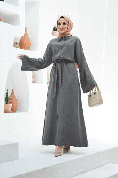 Neways 6596-denim Düğmeli Süs Kuşaklı Abaya Gri