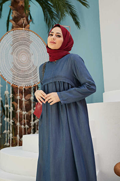 Neways 6598-denim Büzgülü Elbise Koyu Mavi
